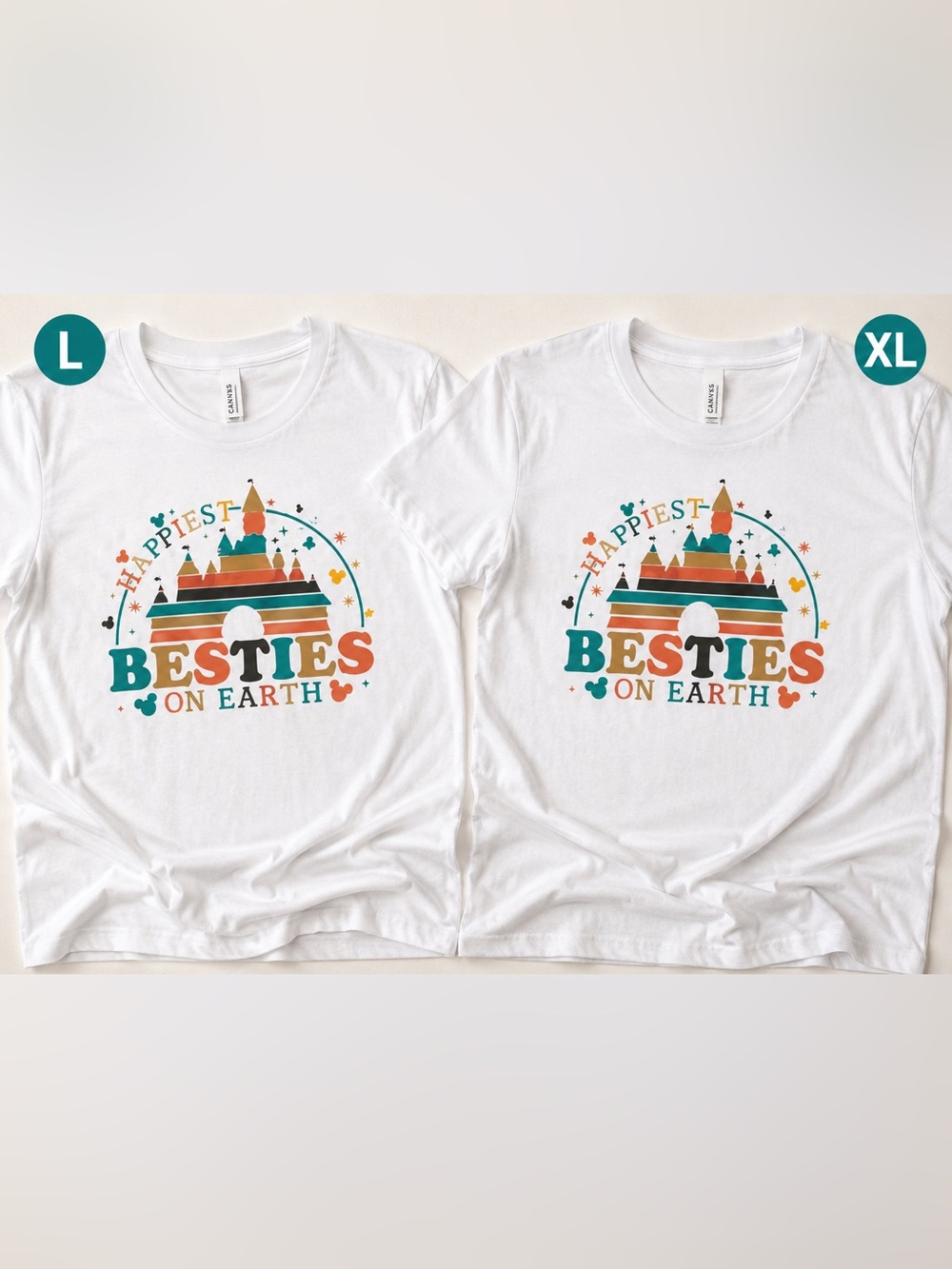 TWO! Bella + Canvas Besties On Earth Disney Castle Matching T-Shirts L & XL Set
